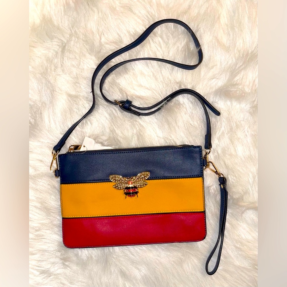 Elegant Multicolor Crossbody Bag with Bee Accent